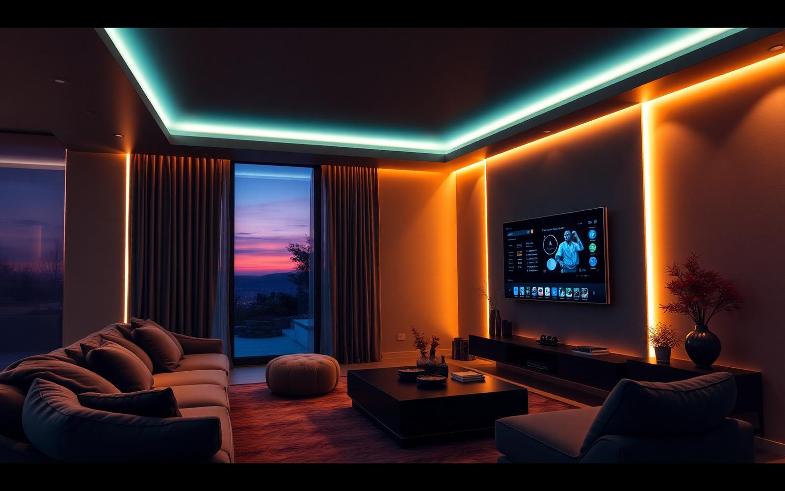 Smart home living room with automated lighting and a wall control panel